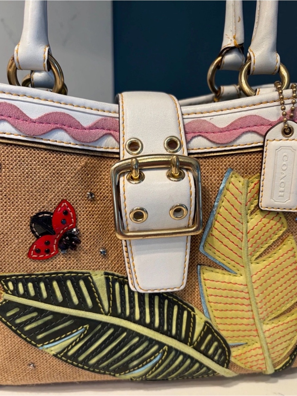 Coach Limited Edition Satchel Tropical Leaf Ladybug Appliqué Vintage RARE - Picture 3 of 14